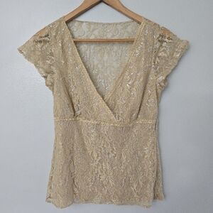 Y2K Vintage Babydoll Crossover Lace Sheer Top Size M Coquette Fairy Girly *hole